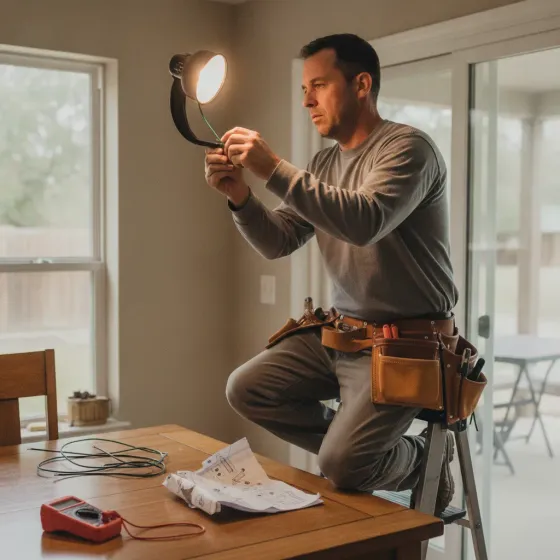 licensed-electrician-wiring-fan-mount-denton Licensed electrician wiring ceiling fan mount safely in Denton home
