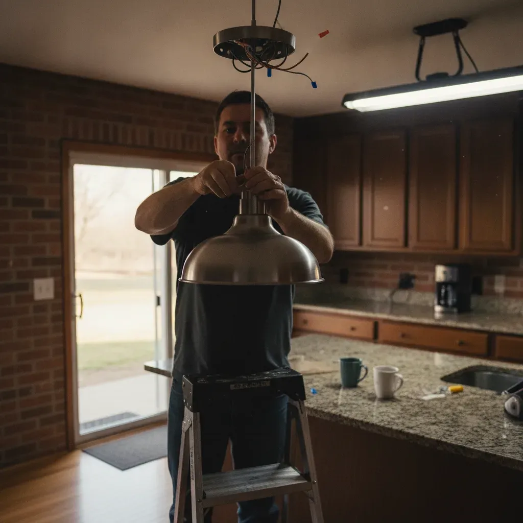 light-fixture-installation-kitchen-pendant-denton Electrician installing pendant light fixture in Denton kitchen ceiling box