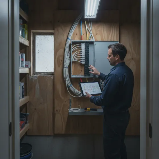 network-cabling-contractor-planning-utility-closet-denton Contractor reviewing cabling plan in Denton utility closet