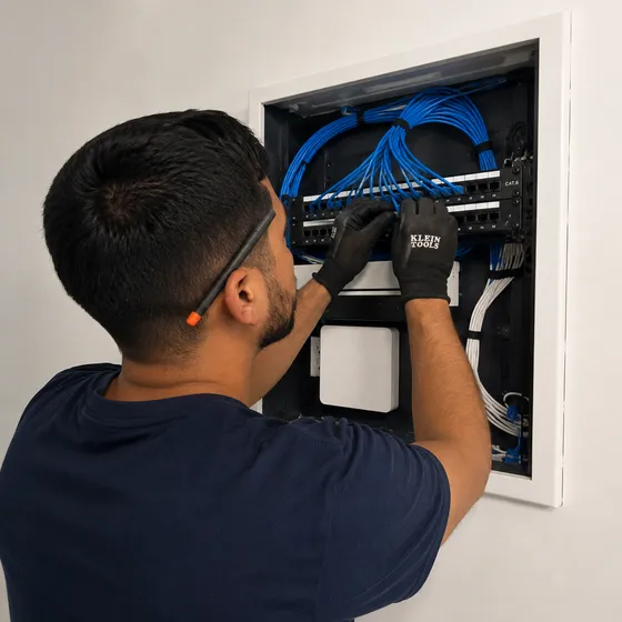 network-cabling-denton Electrician terminating Cat6 ethernet cables at a structured wiring patch panel in a Denton home