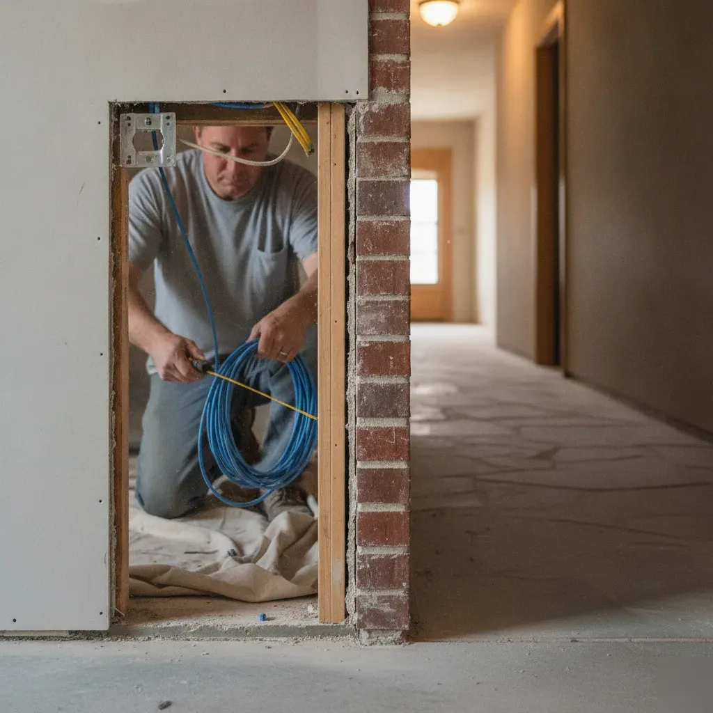 network-cabling-installation-wall-drop-denton Electrician installing network cabling drop in Denton home wall