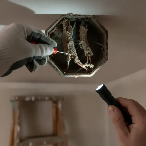 old-wiring-inspection-ceiling-box-denton Testing old fabric wiring in ceiling box before light fixture installation