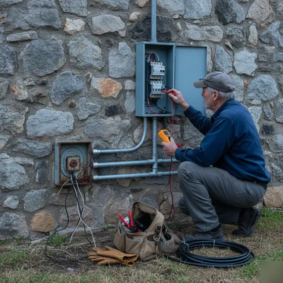 outdoor-lighting-installation-code-upgrade-denton Electrician testing old exterior wiring panel during Denton lighting code upgrade