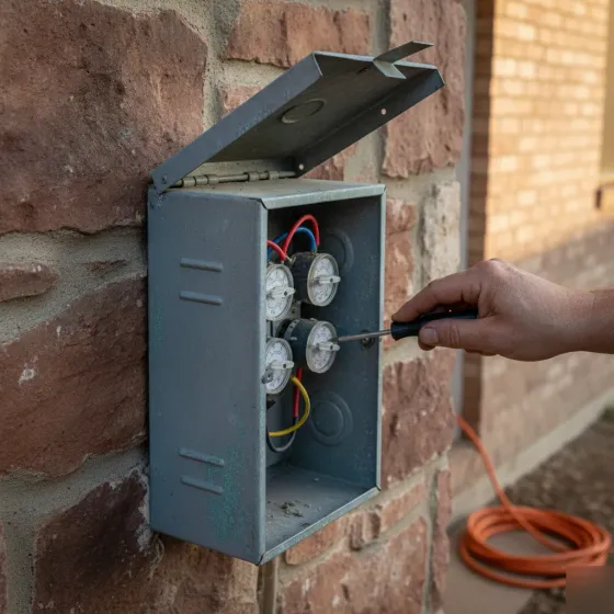 outdoor-lighting-installation-transformer-adjustment-denton Electrician adjusting outdoor lighting transformer dial on Denton home wall