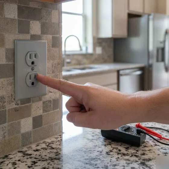 Electrician resetting a GFCI outlet in a Denton kitchen countertop area