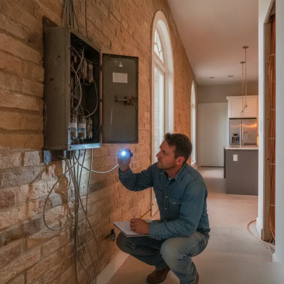 Electrician inspects old wiring near Denton's University Corridor homes