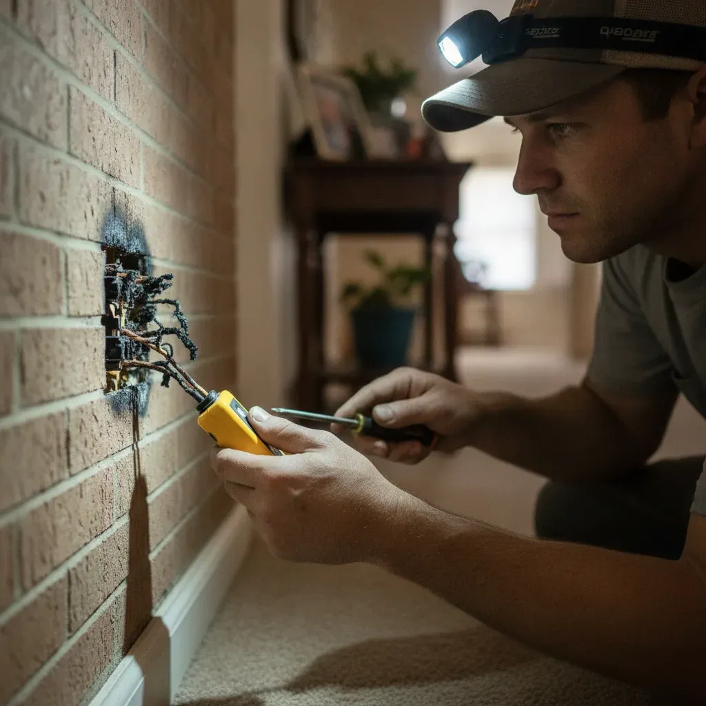 Electrician testing a faulty outlet during repair visit in an older Denton home