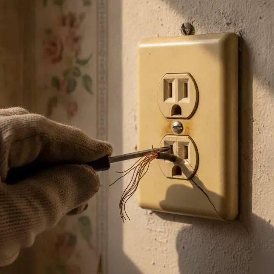 Close-up of a scorched ungrounded outlet needing repair in Denton