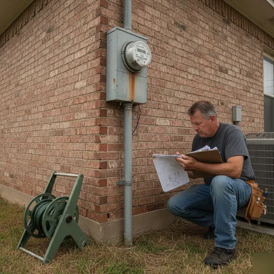 Electrician reviewing panel capacity on older Denton brick home exterior