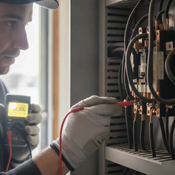 Electrician testing panel voltage during Denton electrical inspection service