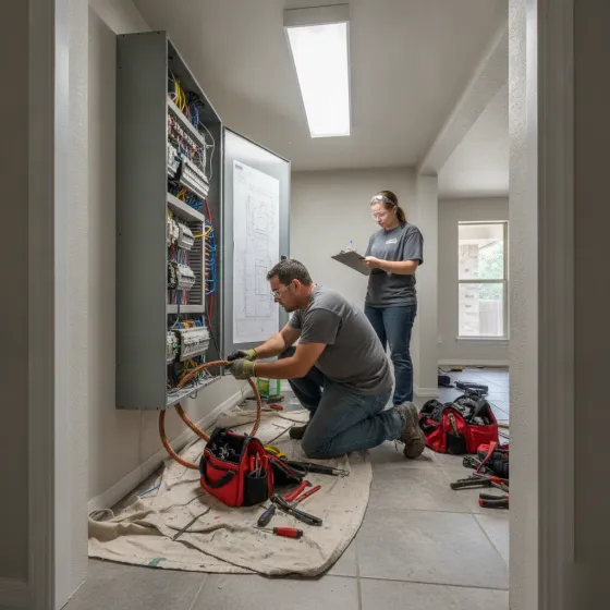 Electricians mid-process replacing home panel during Denton upgrade project