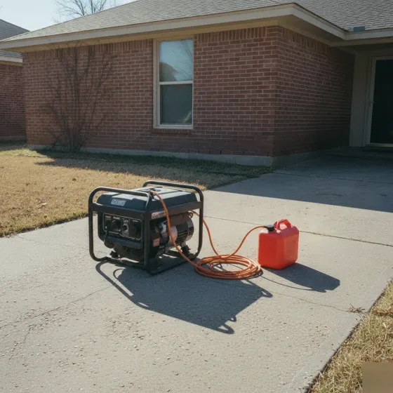 portable-generator-no-interlock-needed-denton Portable generator on driveway without panel interlock in Denton home