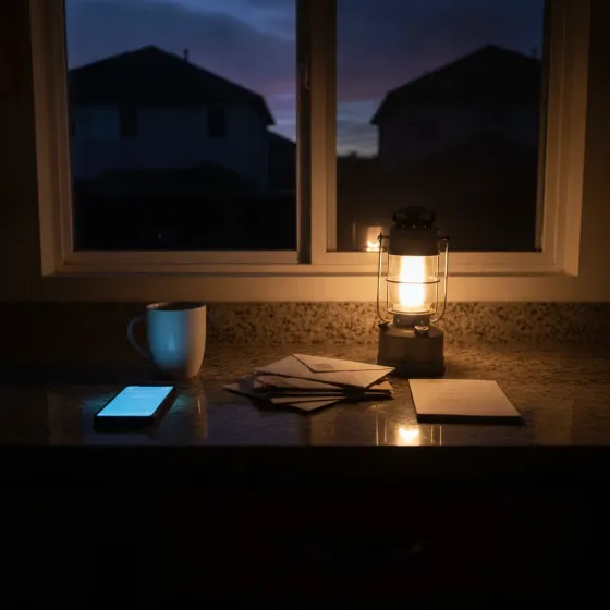 power-outage-dark-kitchen-denton-home Dark kitchen lit by lantern during home power outage before electrician arrives in Denton