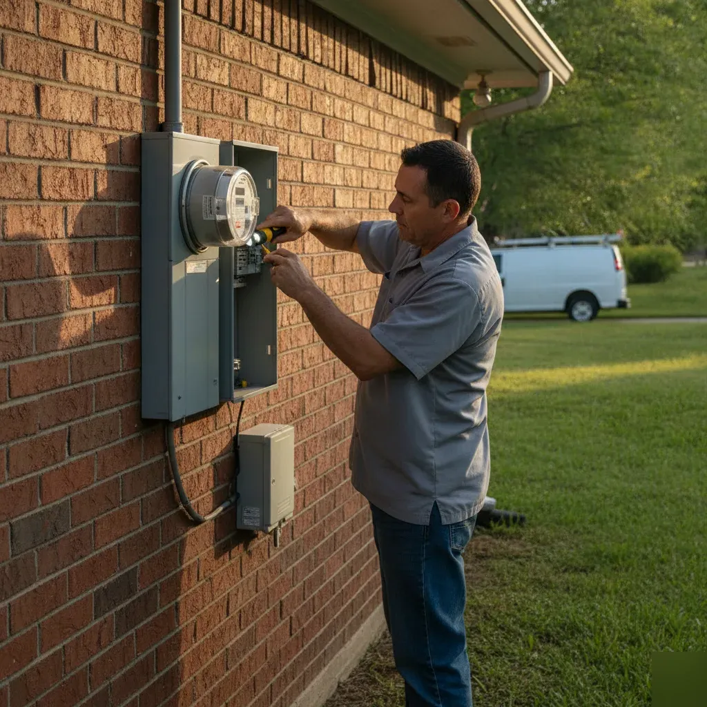 power-restoration-breaker-panel-inspection-denton Electrician inspecting home breaker panel during power restoration call in Denton