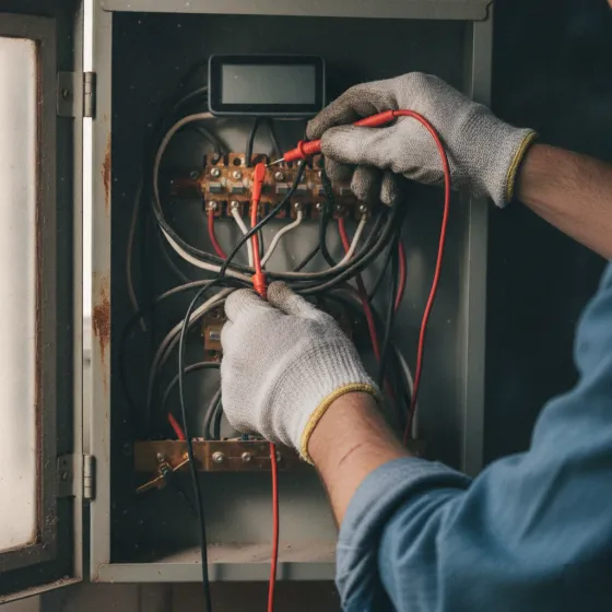 power-restoration-multimeter-voltage-test-denton Multimeter testing wire voltage during electrical power restoration diagnosis in Denton