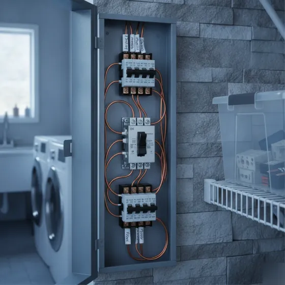 power-restoration-repaired-panel-result-denton Repaired breaker panel with power restored after electrical service in Denton home