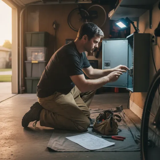 professional-interlock-installation-process-denton Electrician tightening breaker during generator interlock installation Denton