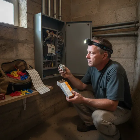 repair-or-replace-breaker-decision-denton Electrician comparing old and new breaker parts during repair decision in Denton