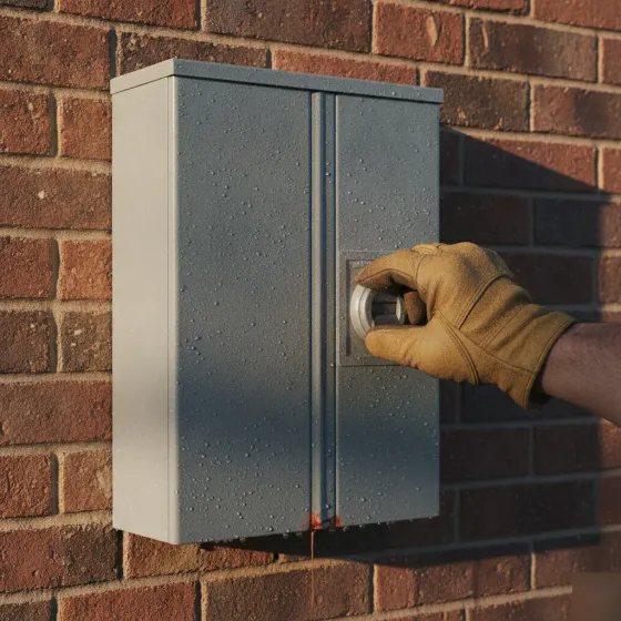 seasonal-breaker-stress-exterior-panel-denton Exterior breaker panel showing heat and moisture stress in Denton climate