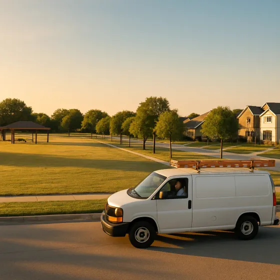 service-truck-joe-skiles-park-denton-community Electrician truck near Joe Skiles Park Denton at golden hour community view