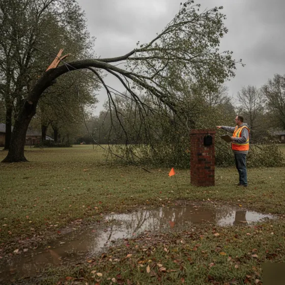 storm-damage-power-line-inspection-denton Electrician assesses storm-damaged power line at Denton home after storm