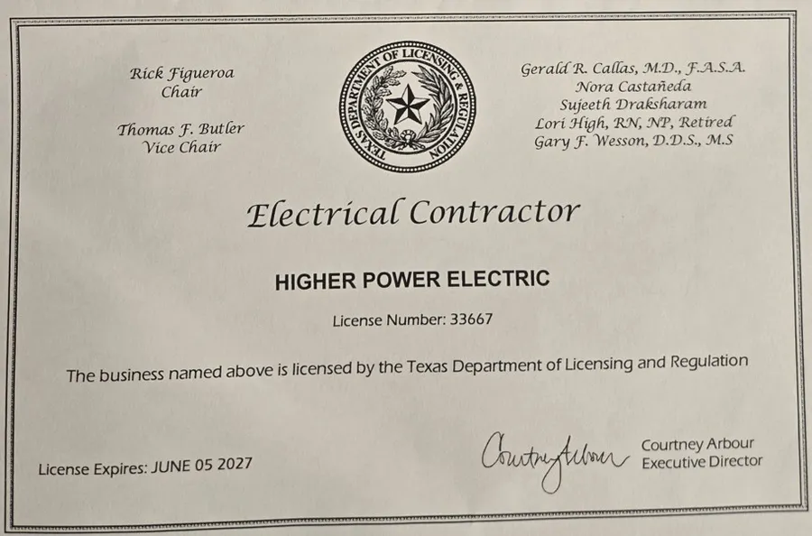 Texas Department of Licensing and Regulation electrical contractor licence issued to Higher Power Electric