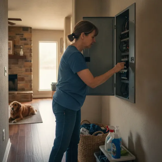 tripped-breaker-reset-no-repair-needed-denton Homeowner resetting tripped breaker switch without repair in Denton home