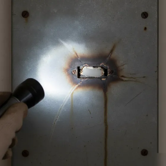 Scorch marks on old electrical panel signaling need for Denton panel replacement