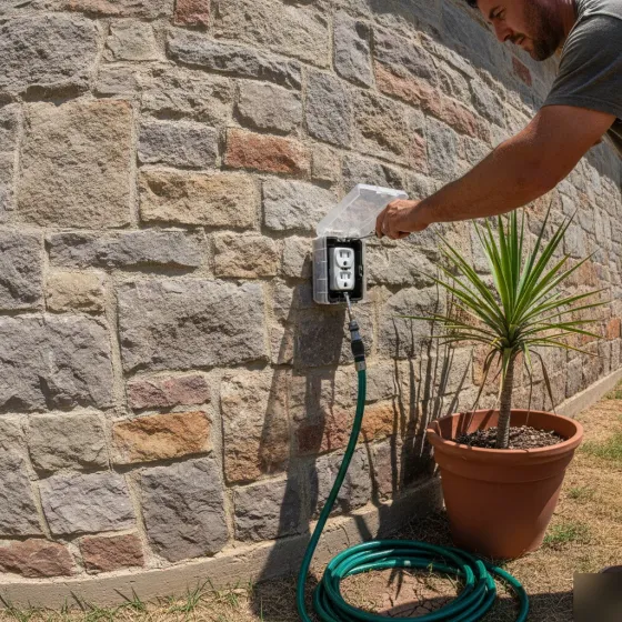 Electrician adjusting weatherproof outdoor outlet cover on Denton stone home