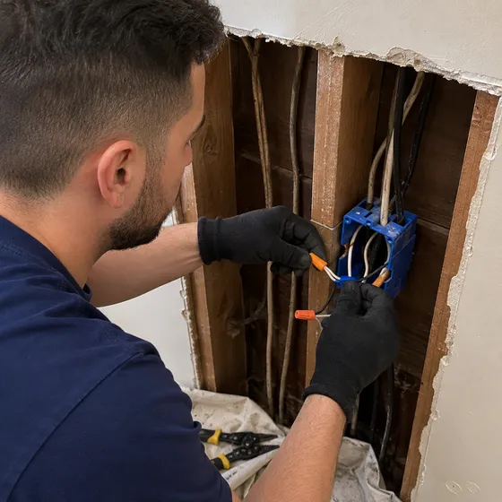 wiring-repair-behind-walls-denton Electrician splicing damaged wiring with wire nuts inside an opened wall cavity in a Denton home