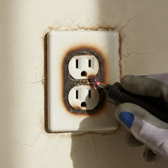 Scorched outlet tested for faulty wiring repair in Denton home