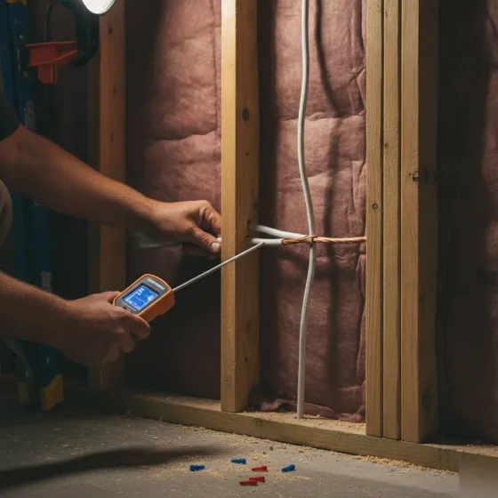 Electrician tracing wiring inside garage wall during repair visit