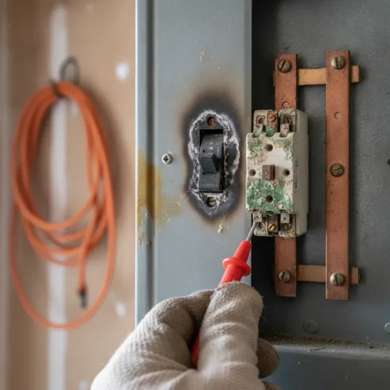 wiring-upgrade-signs-fuse-box-denton Close-up of aging fuse box showing signs wiring needs upgrade in Denton